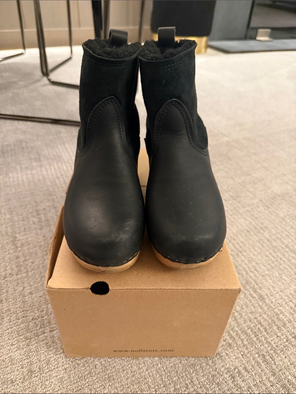 No. 6 Black Suede Women’s Ankle Boots with Wooden Heel